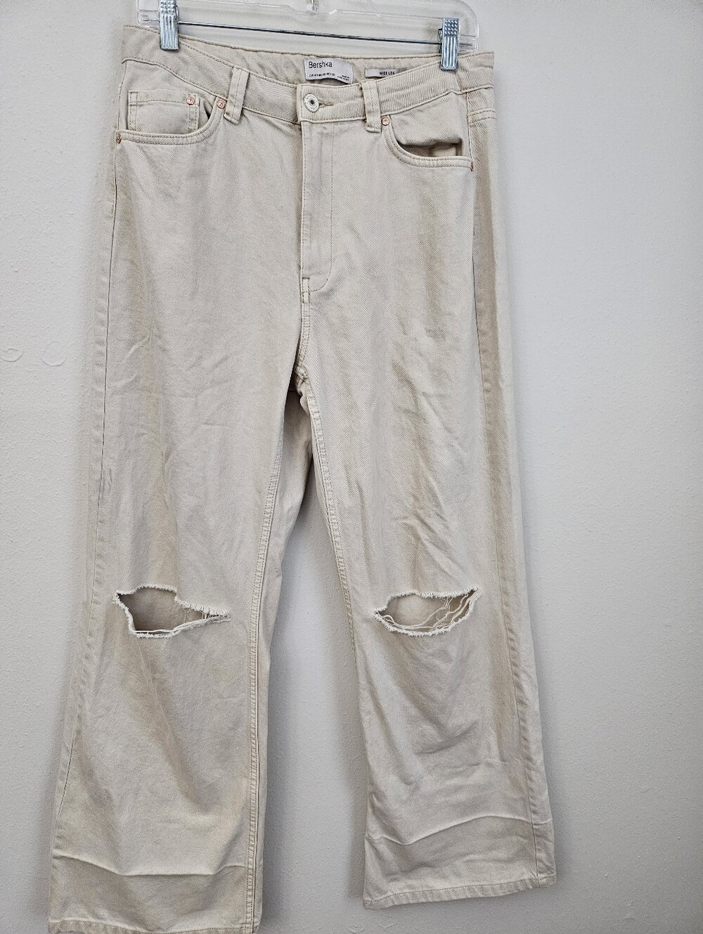 Bershka Womens Beige Distressed Wide-Leg Jeans Size 10